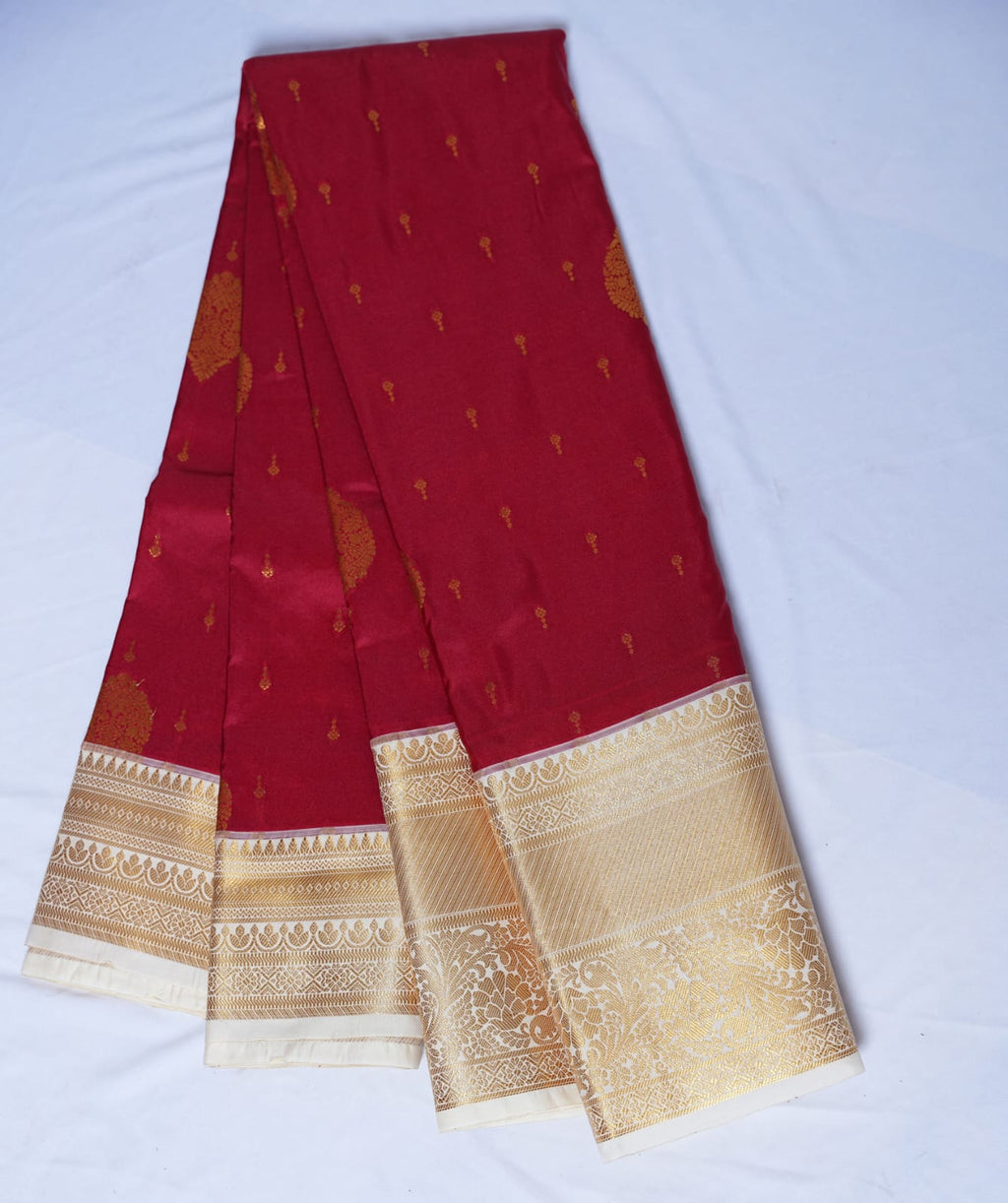 SUDHA Kadiyal Semi Kanchi Butta Resham Silk Saree – Red with Antique Copper Zari