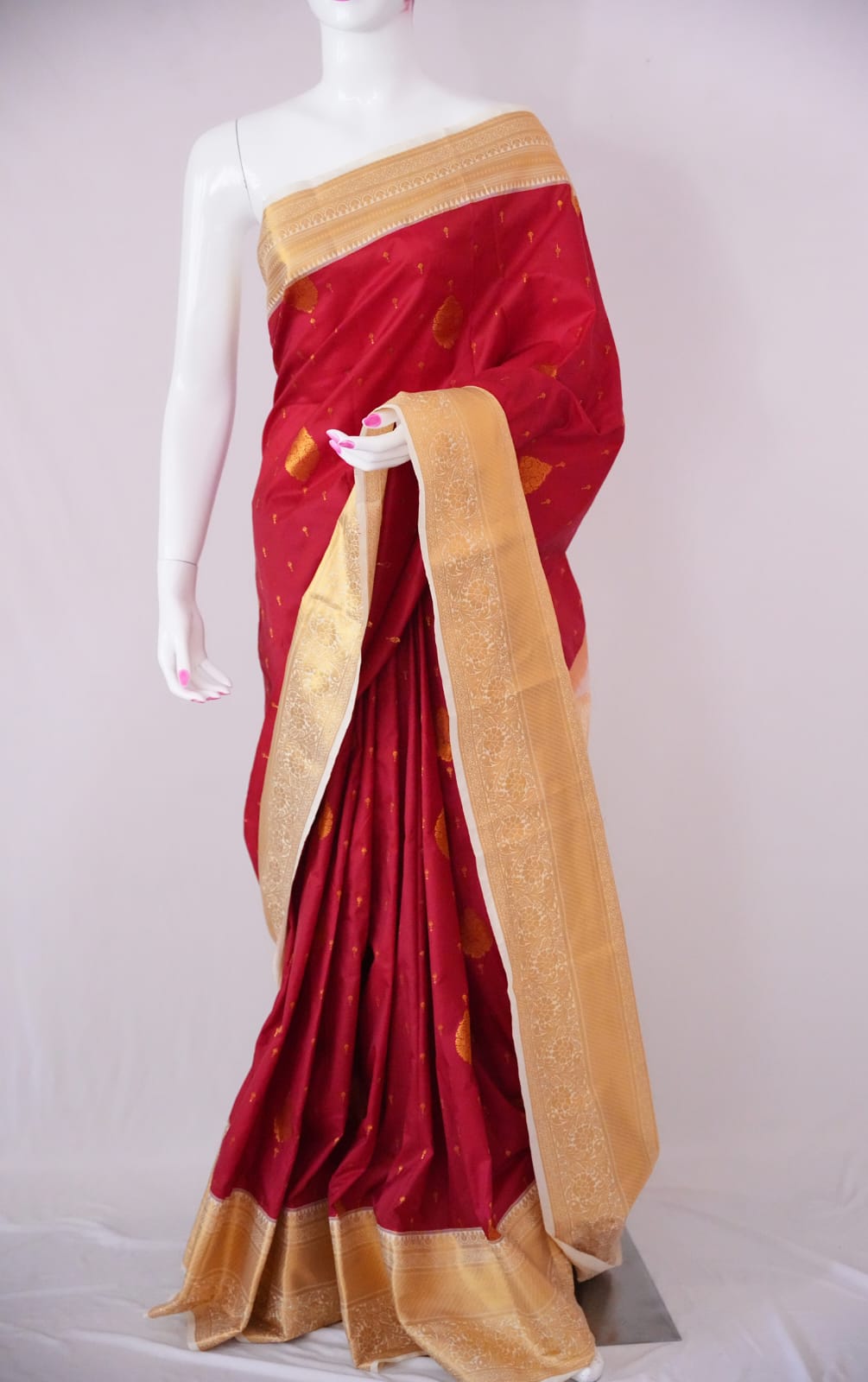 SUDHA Kadiyal Semi Kanchi Butta Resham Silk Saree – Red with Antique Copper Zari