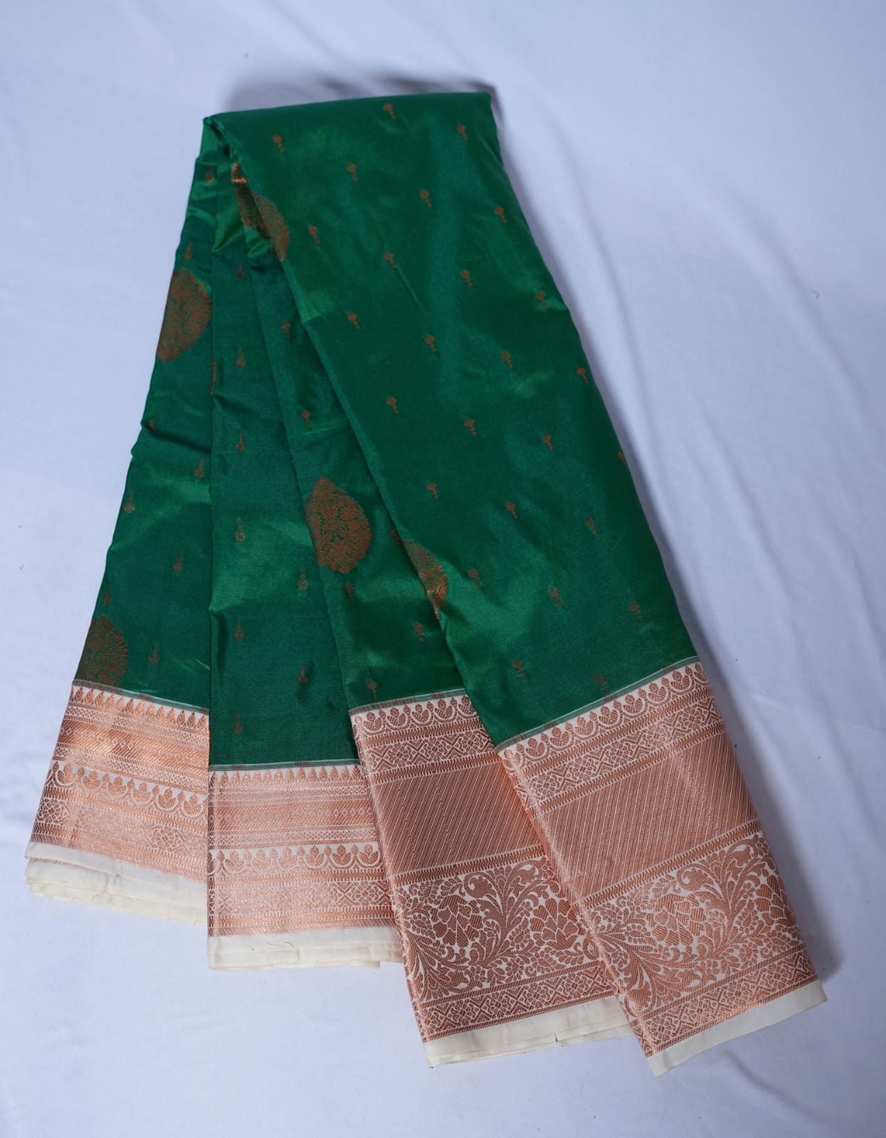 SUDHA Kadiyal Semi Kanchi Butta Resham Silk Saree – B Green with Antique Copper Zari