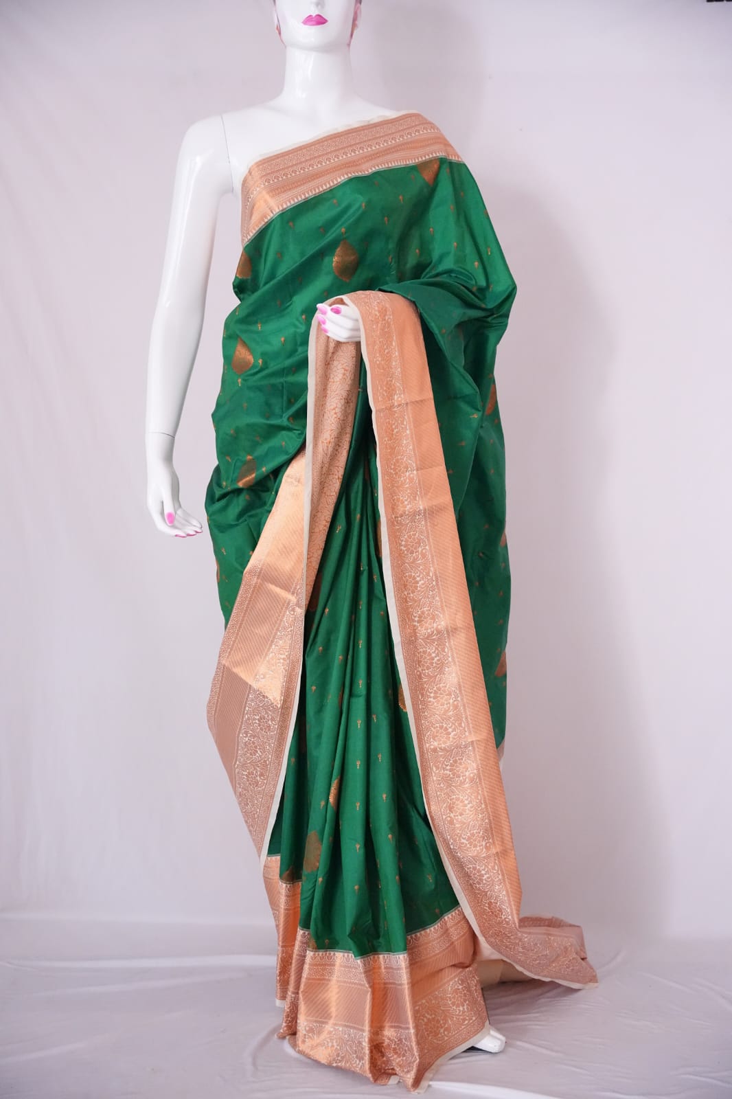 SUDHA Kadiyal Semi Kanchi Butta Resham Silk Saree – B Green with Antique Copper Zari