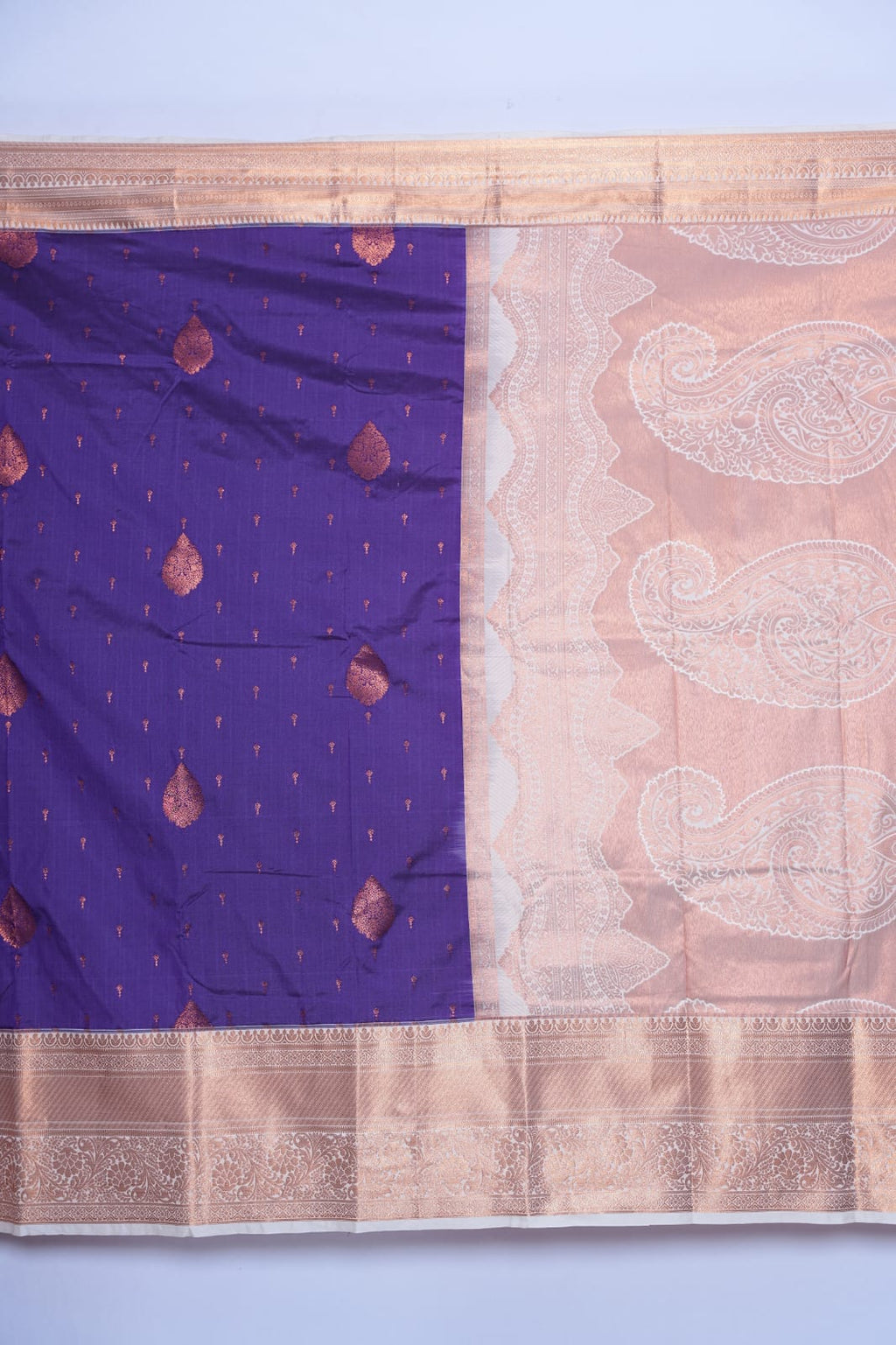 SUDHA Kadiyal Semi Kanchi Butta Resham Silk Saree – Purple with Antique Copper Zari