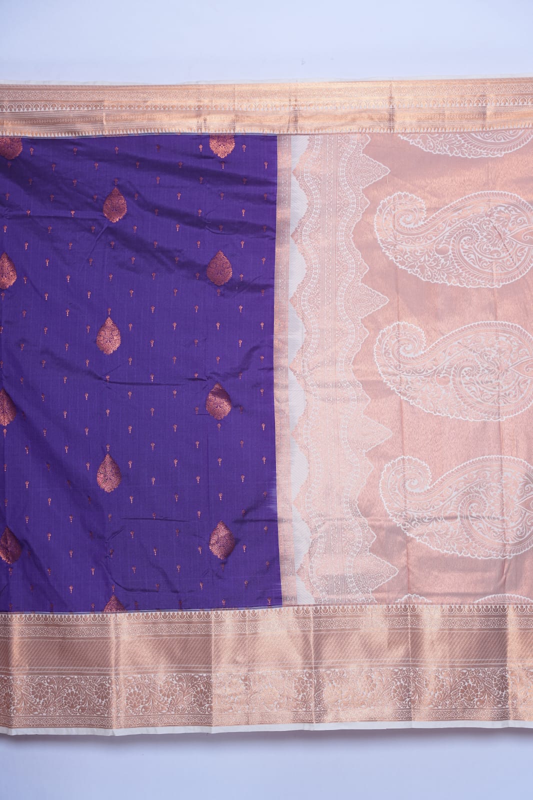 SUDHA Kadiyal Semi Kanchi Butta Resham Silk Saree – Purple with Antique Copper Zari