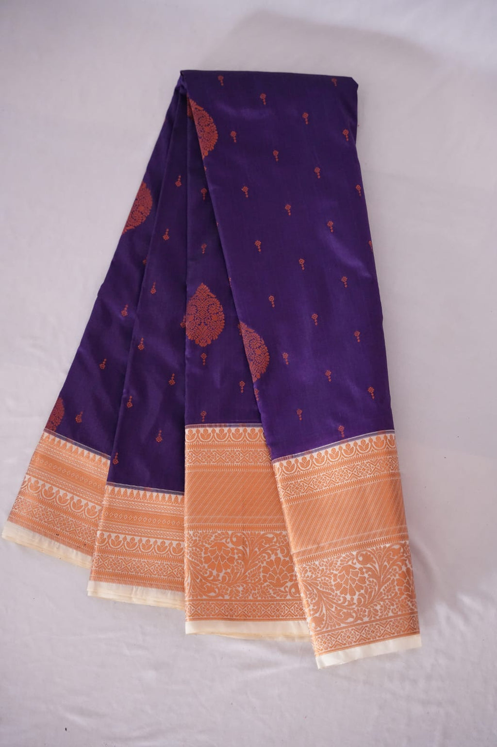 SUDHA Kadiyal Semi Kanchi Butta Resham Silk Saree – Purple with Antique Copper Zari