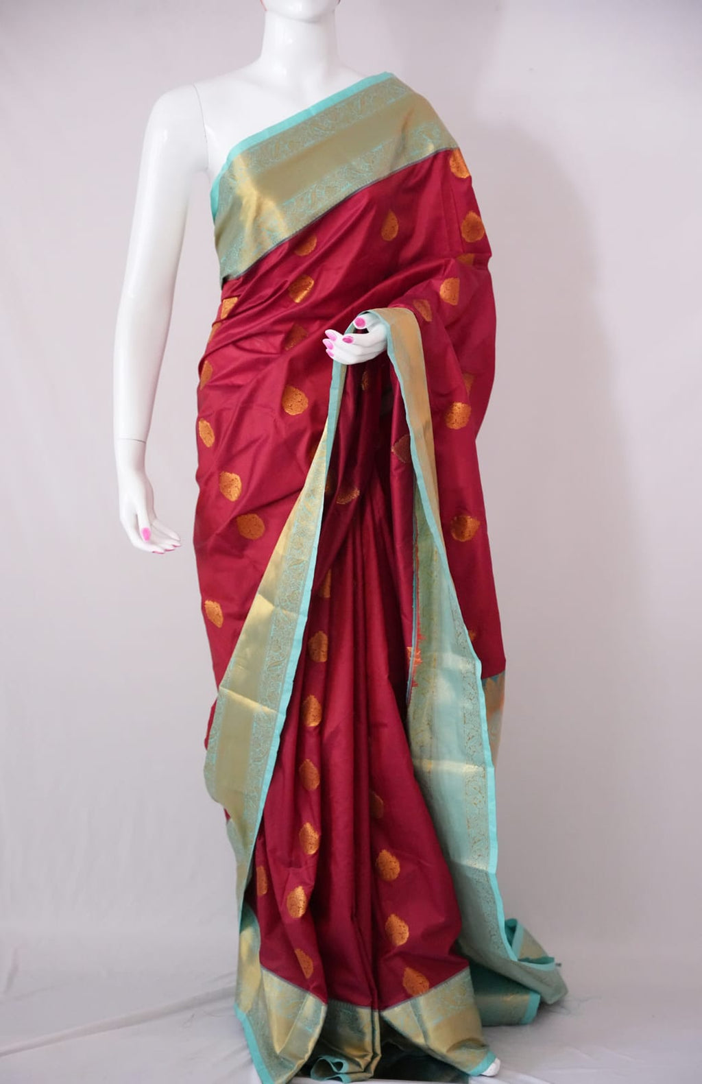 SUDHA Kadiyal Semi Kanchi Butta Resham Silk Saree – Maroon Blue with Antique Copper Zari