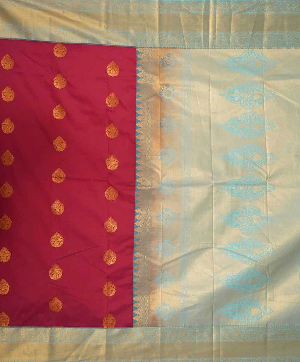 SUDHA Kadiyal Semi Kanchi Butta Resham Silk Saree – Maroon Blue with Antique Copper Zari