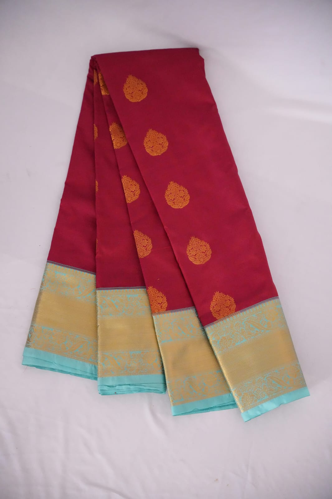 SUDHA Kadiyal Semi Kanchi Butta Resham Silk Saree – Maroon Blue with Antique Copper Zari