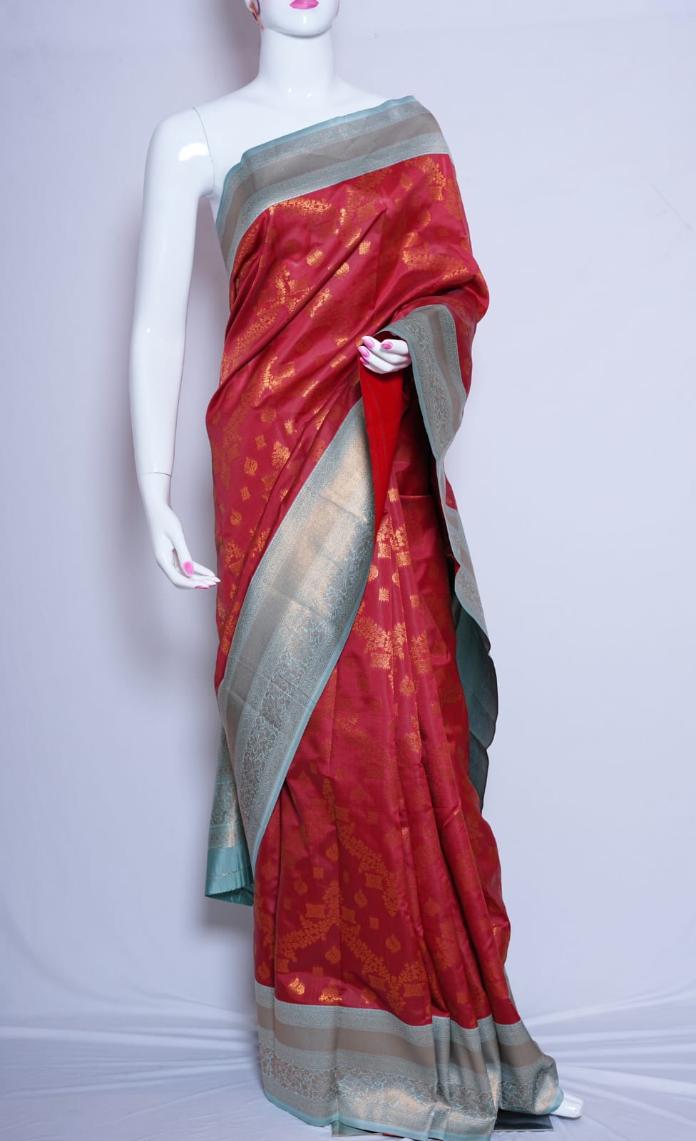 SUDHA Kadiyal Semi Kanchi Butta Resham Silk Saree – Red Rexona with Antique Copper Zari
