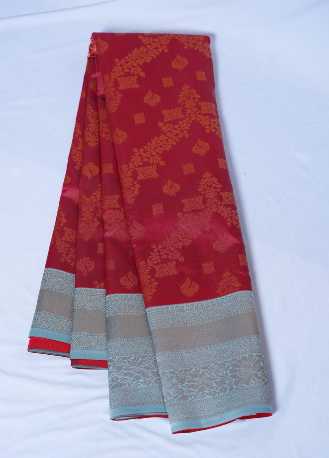 SUDHA Kadiyal Semi Kanchi Butta Resham Silk Saree – Red Rexona with Antique Copper Zari