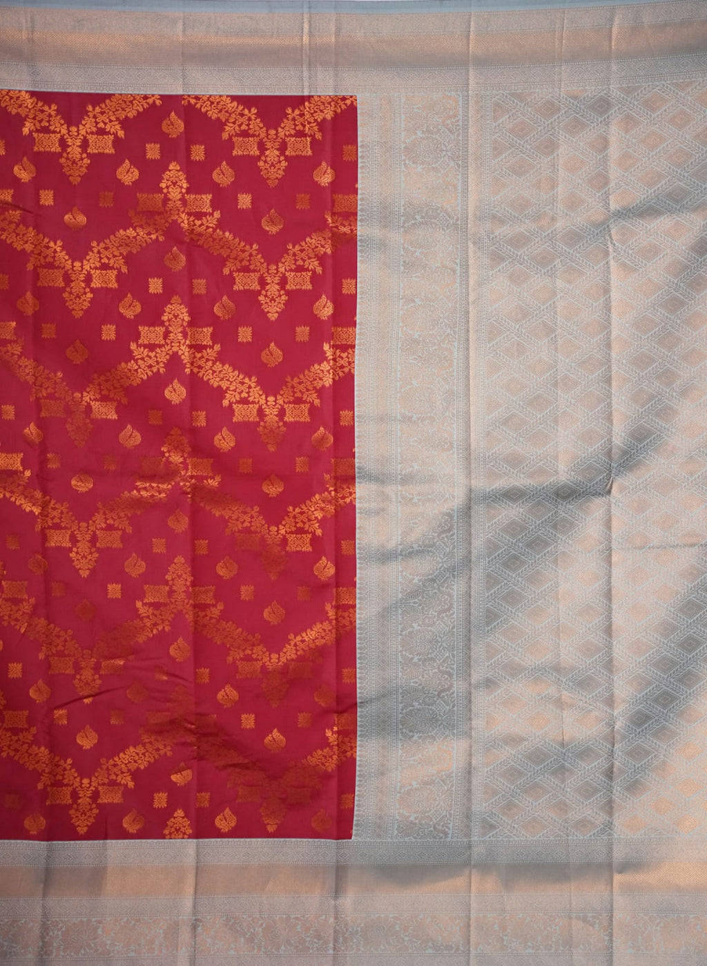 SUDHA Kadiyal Semi Kanchi Butta Resham Silk Saree – Red Rexona with Antique Copper Zari