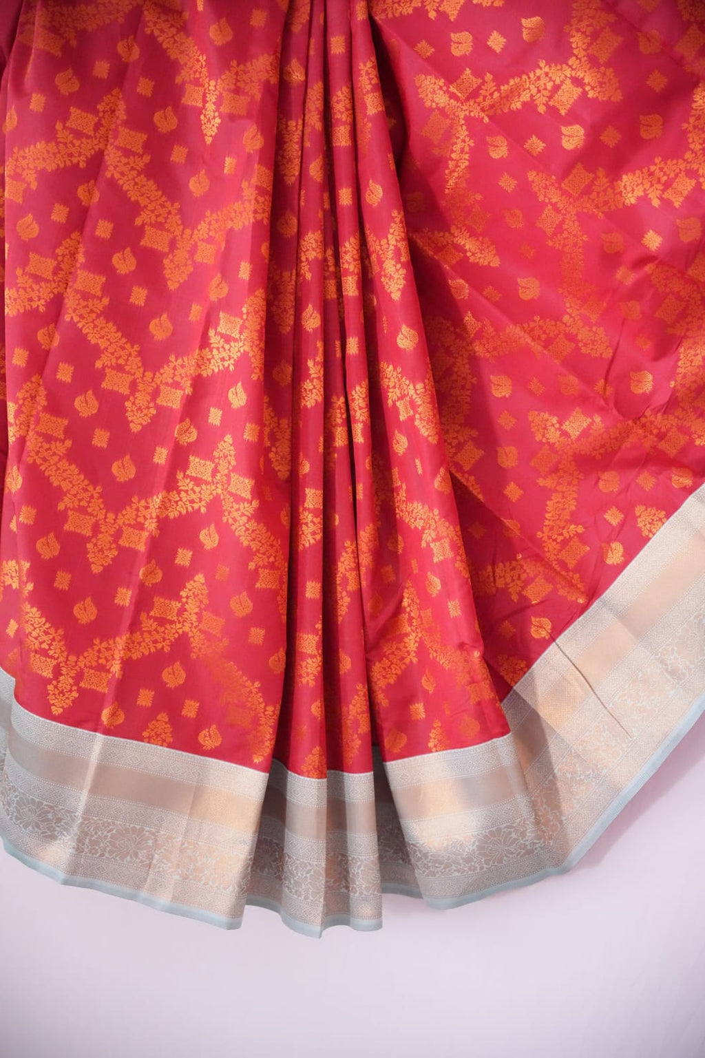 SUDHA Kadiyal Semi Kanchi Butta Resham Silk Saree – Red Rexona with Antique Copper Zari