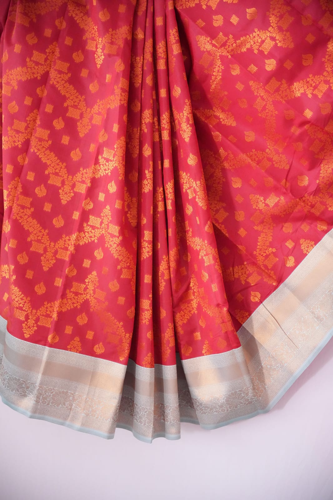 SUDHA Kadiyal Semi Kanchi Butta Resham Silk Saree – Red Rexona with Antique Copper Zari