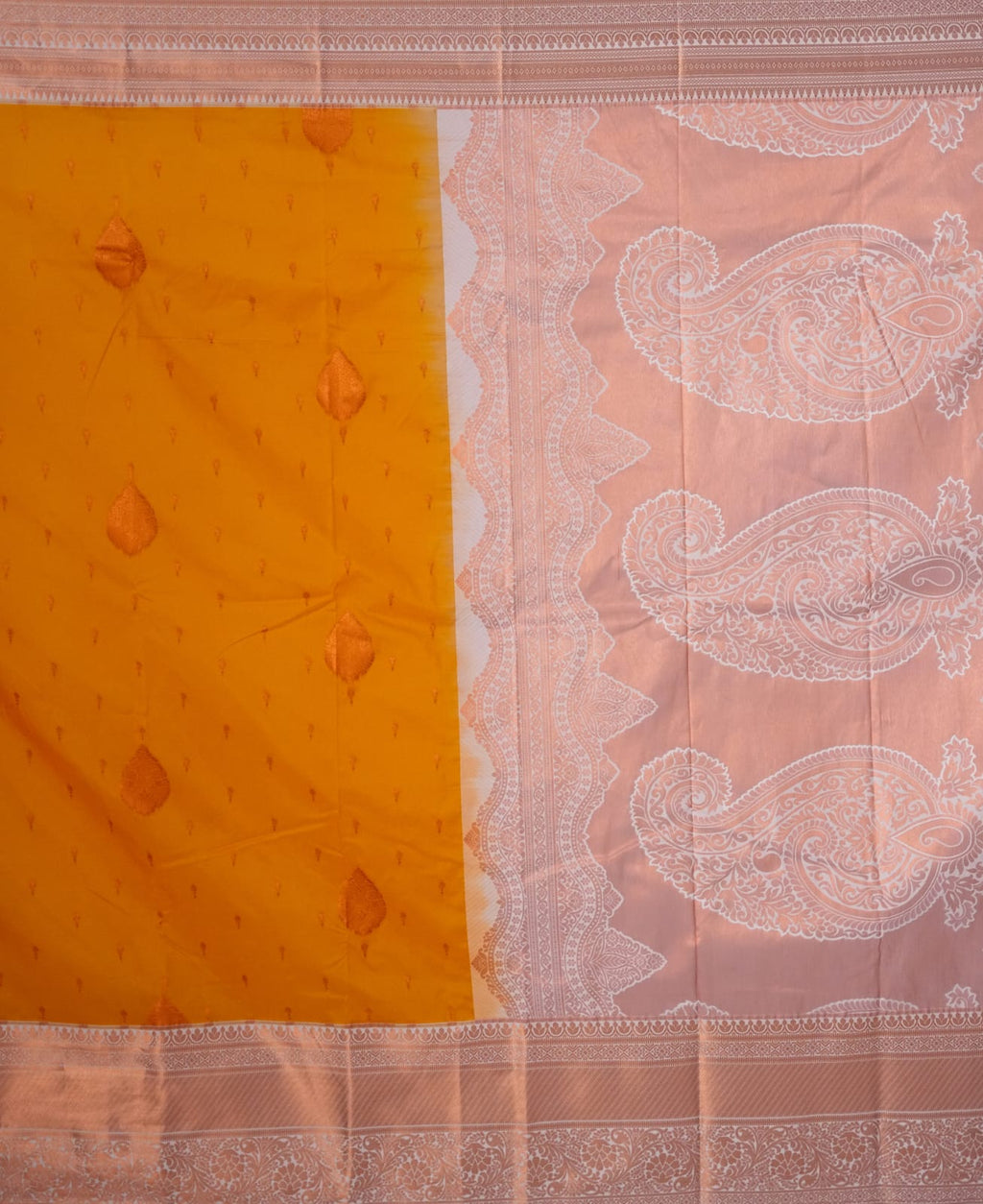 SUDHA Kadiyal Semi Kanchi Butta Resham Silk Saree – M Gold White with Antique Copper Zari
