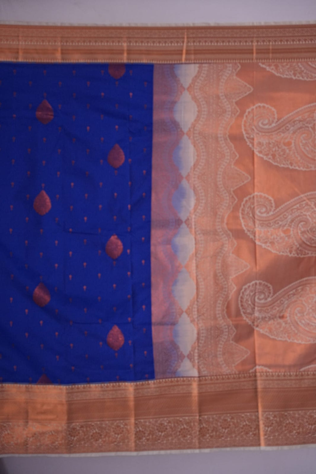 SUDHA Kadiyal Semi Kanchi Butta Resham Silk Saree – Royal Blue White with Antique Copper Zari