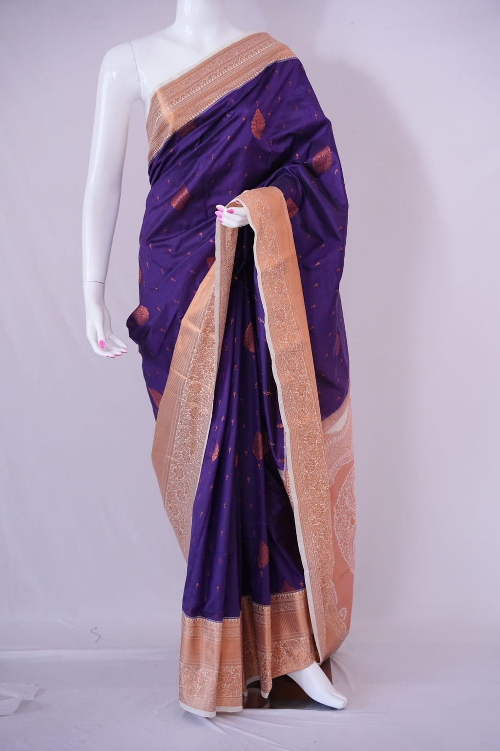 SUDHA Kadiyal Semi Kanchi Butta Resham Silk Saree – Purple with Antique Copper Zari