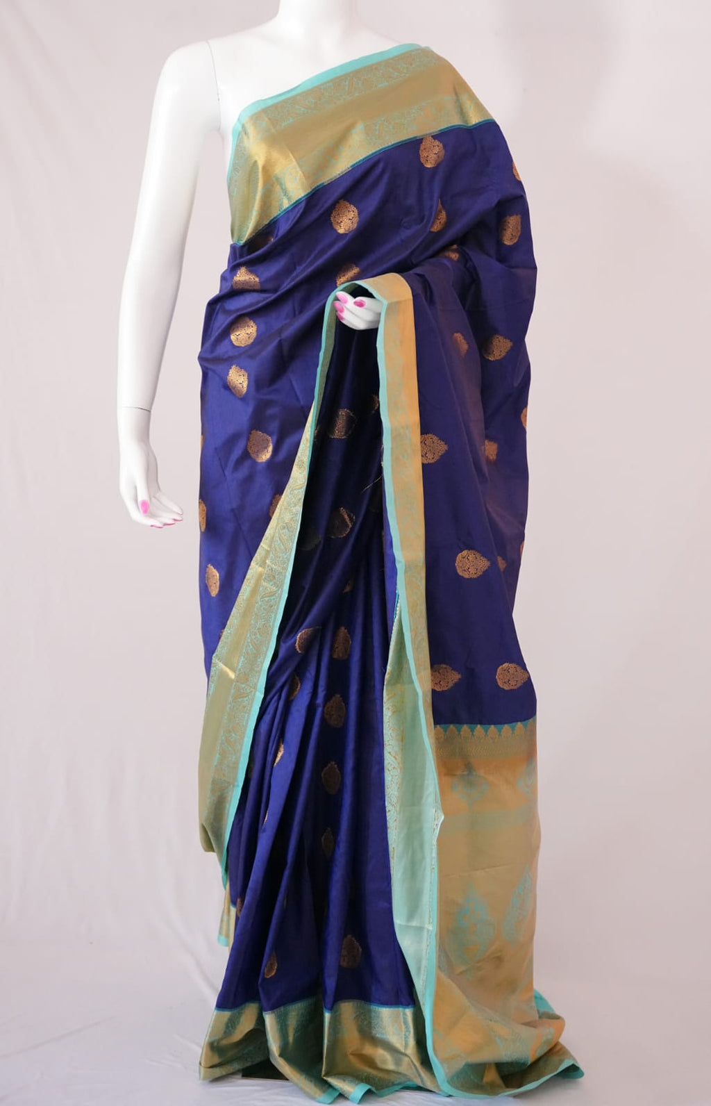 SUDHA Kadiyal Semi Kanchi Butta Resham Silk Saree – Navy Blue with Antique Copper Zari