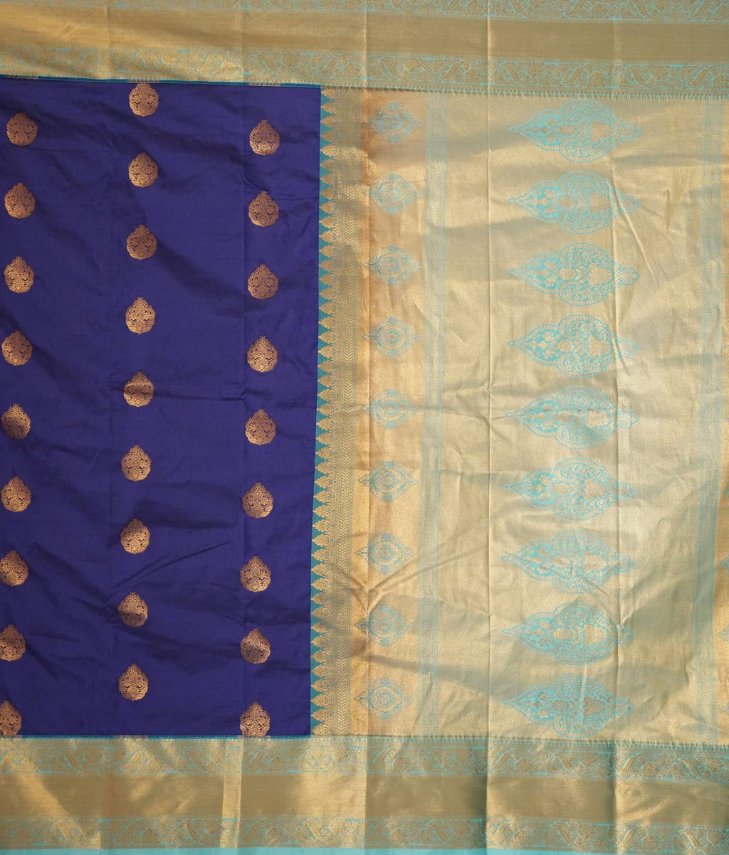 SUDHA Kadiyal Semi Kanchi Butta Resham Silk Saree – Navy Blue with Antique Copper Zari