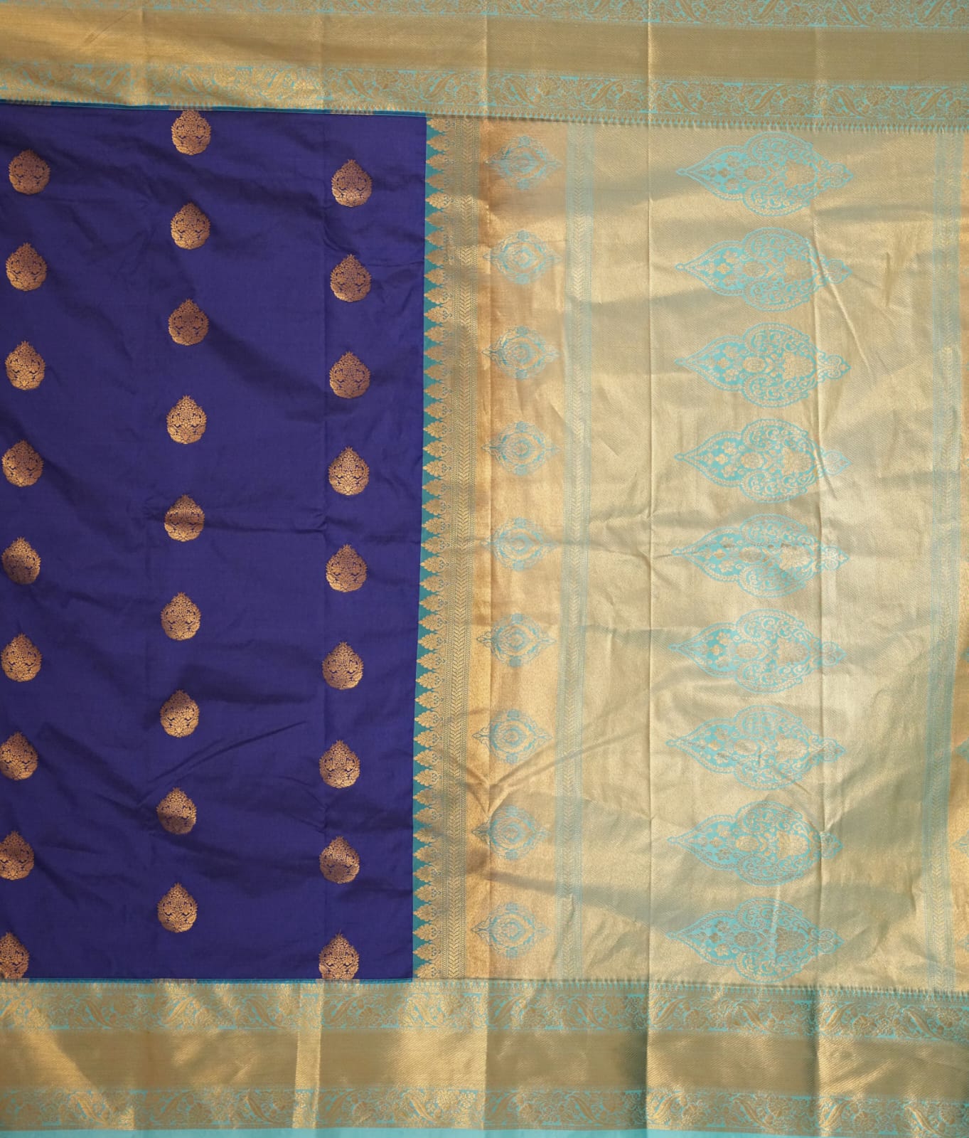 SUDHA Kadiyal Semi Kanchi Butta Resham Silk Saree – Navy Blue with Antique Copper Zari