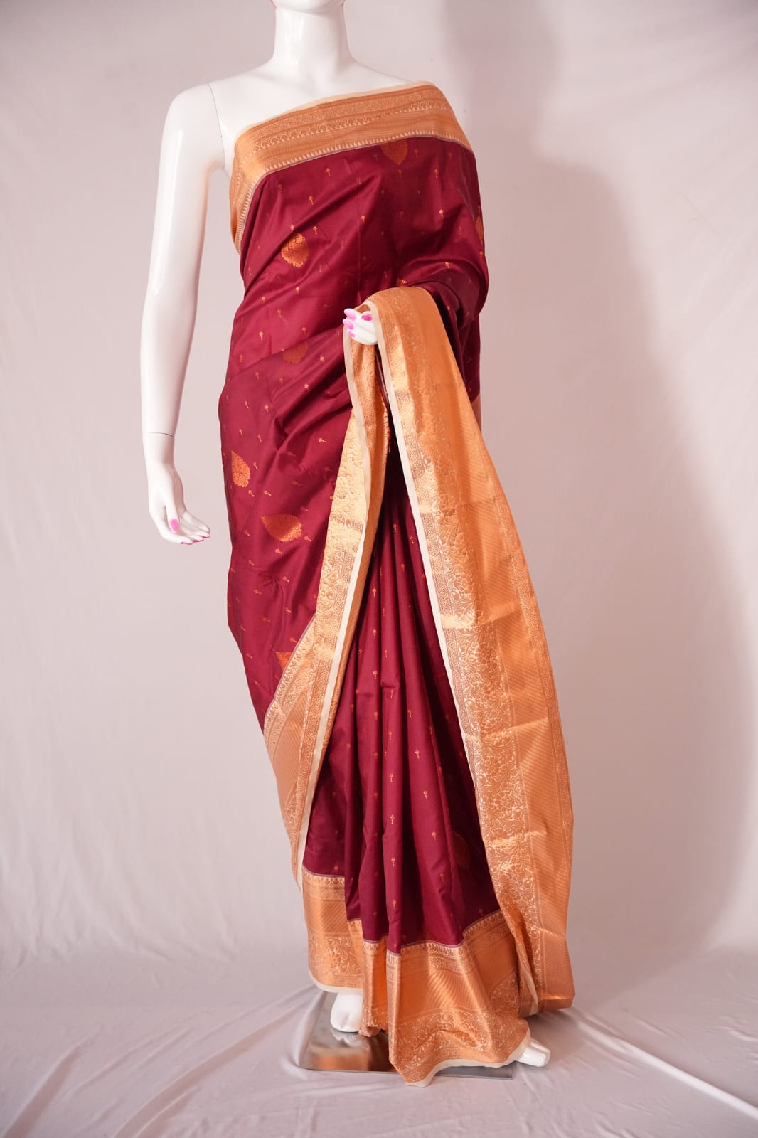 SUDHA Kadiyal Semi Kanchi Butta Resham Silk Saree – Maroon White with Antique Copper Zari