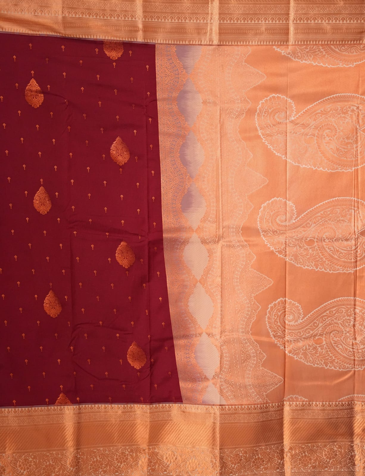 SUDHA Kadiyal Semi Kanchi Butta Resham Silk Saree – Maroon White with Antique Copper Zari