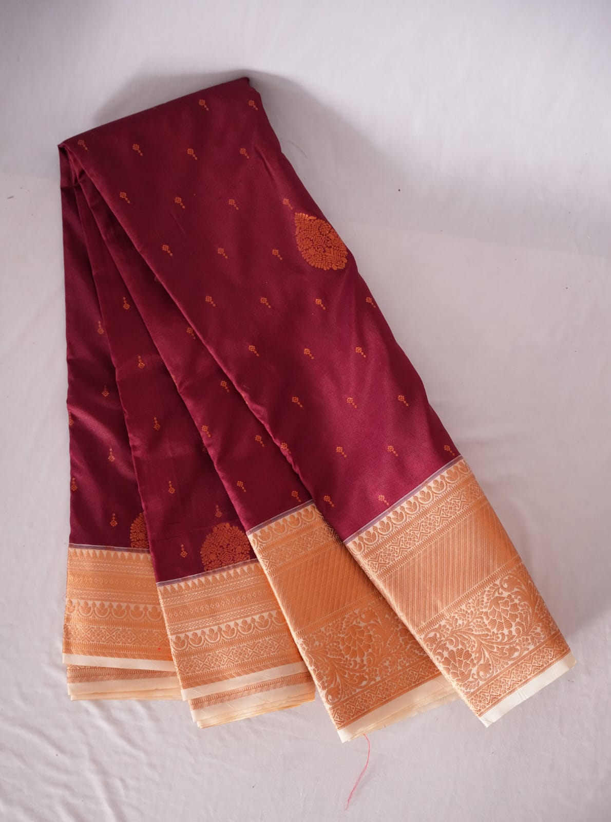 SUDHA Kadiyal Semi Kanchi Butta Resham Silk Saree – Maroon White with Antique Copper Zari