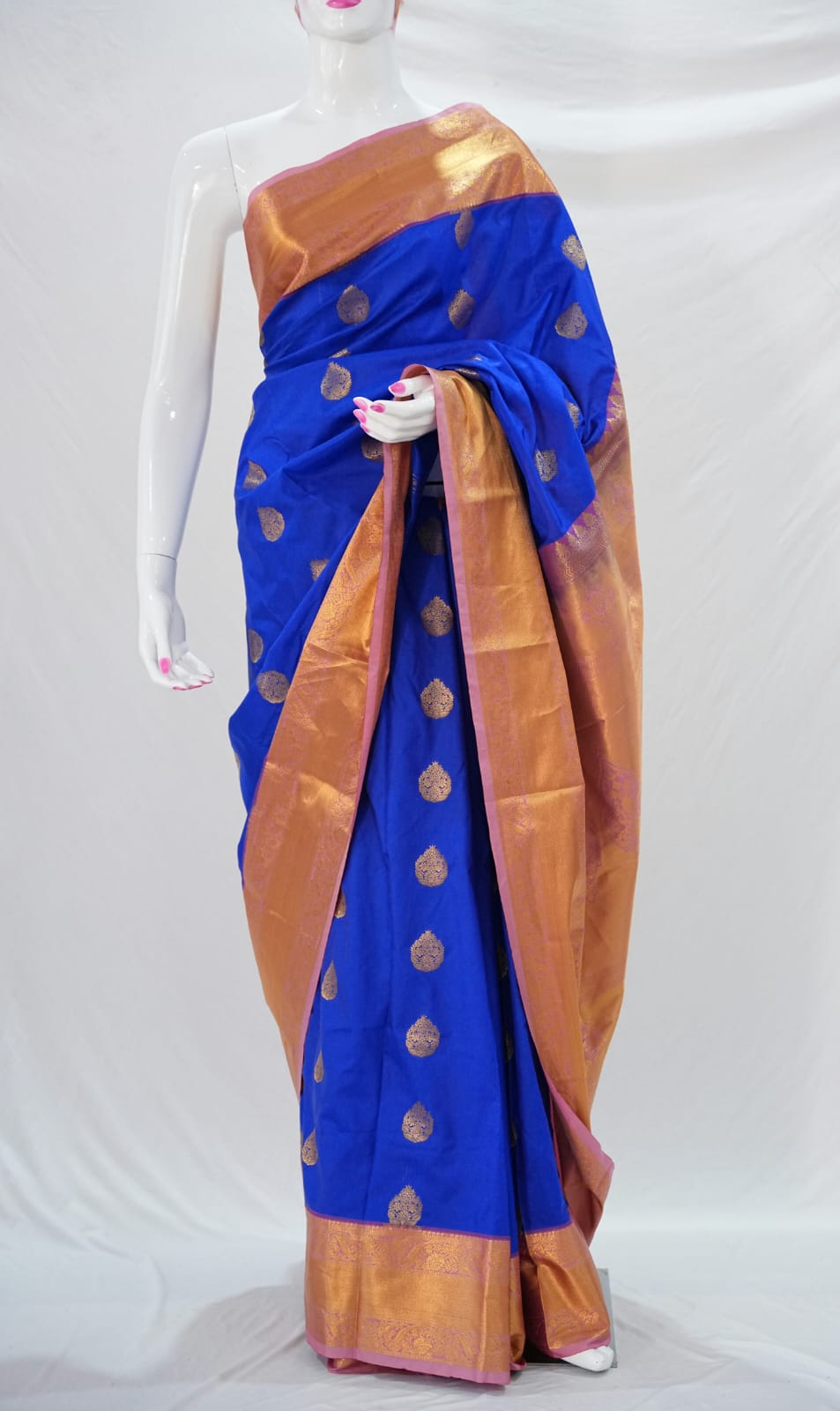 SUDHA Kadiyal Semi Kanchi Butta Resham Silk Saree – Royal Blue Pink with Antique Copper Zari