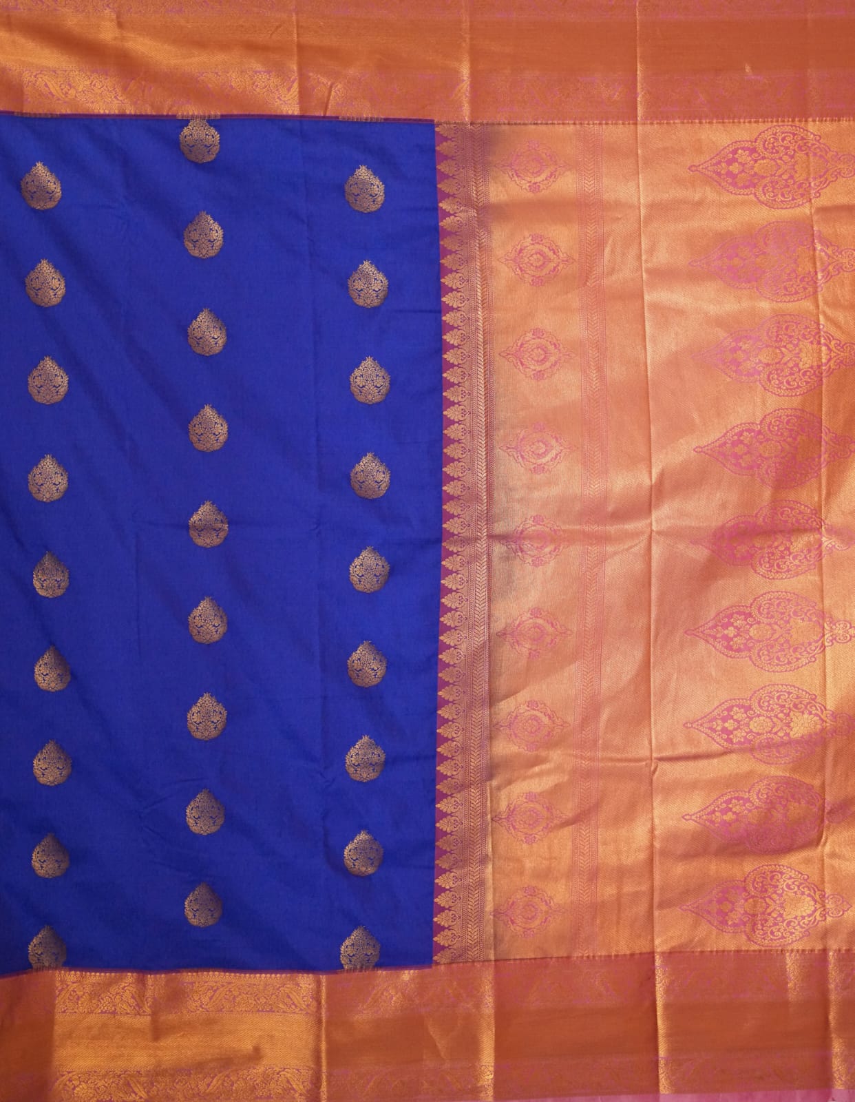 SUDHA Kadiyal Semi Kanchi Butta Resham Silk Saree – Royal Blue Pink with Antique Copper Zari