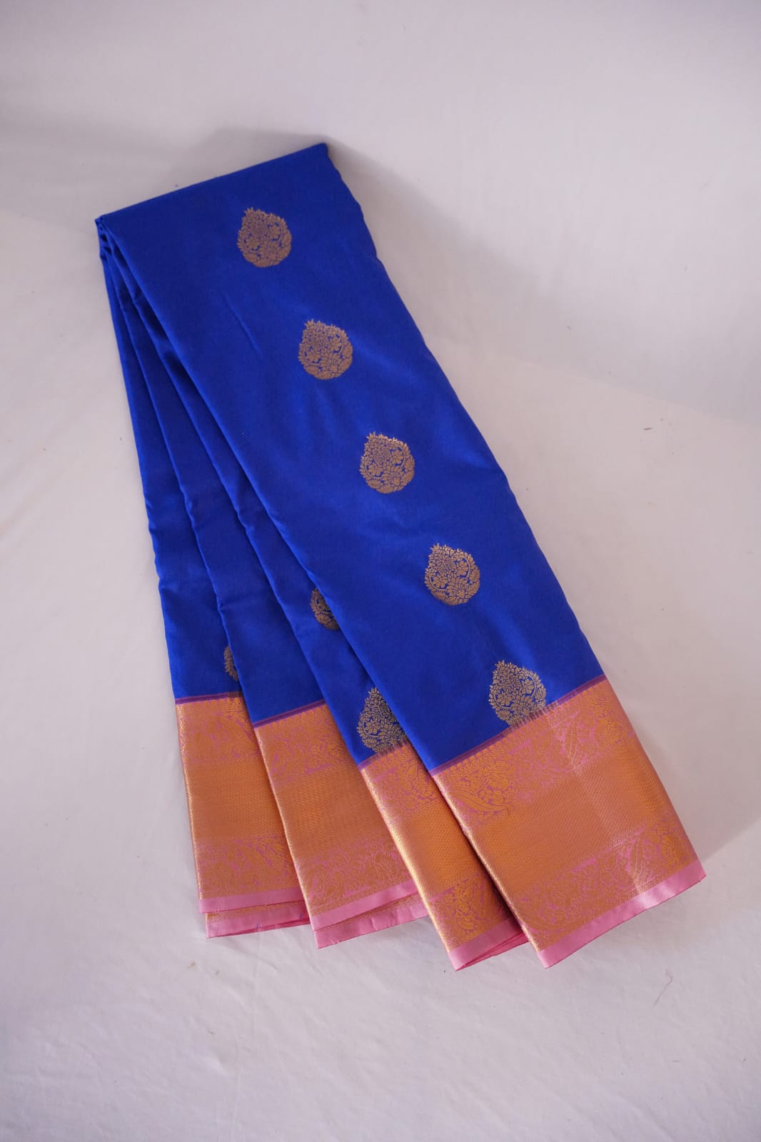 SUDHA Kadiyal Semi Kanchi Butta Resham Silk Saree – Royal Blue Pink with Antique Copper Zari
